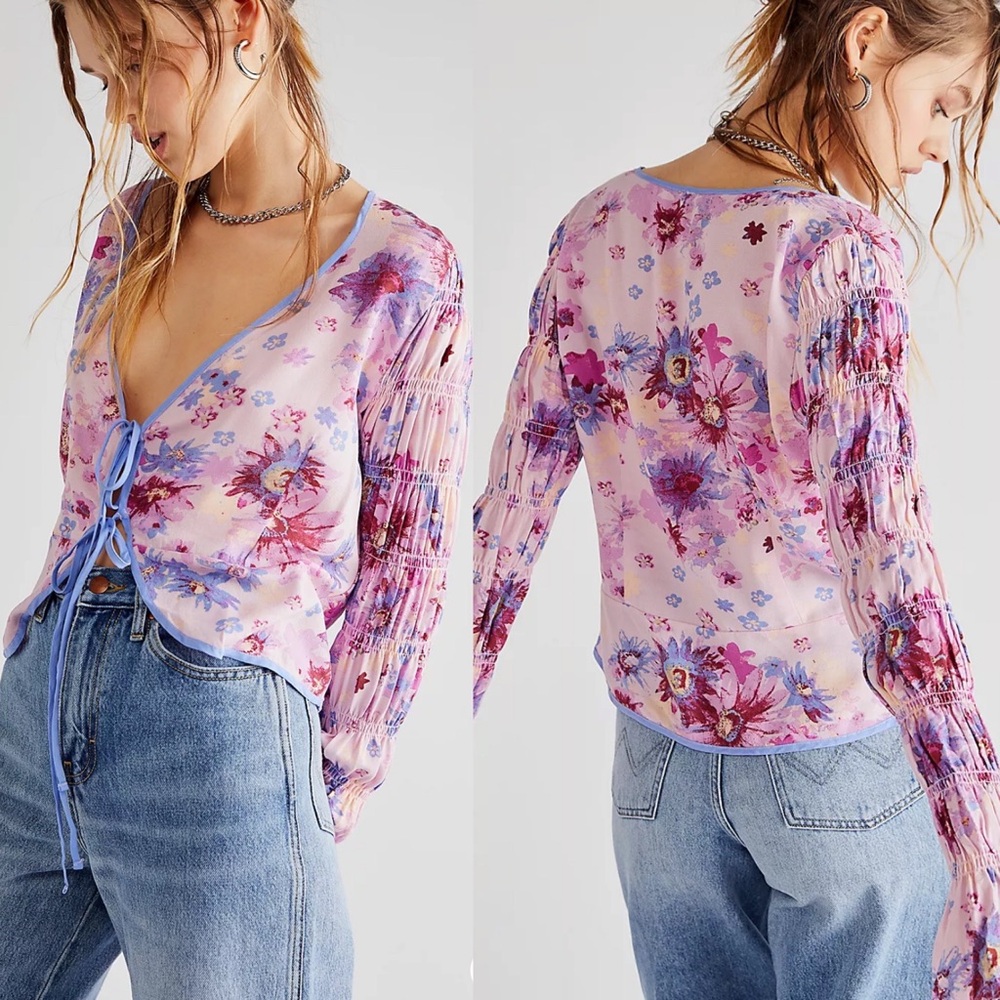 $98 Free People Small Venice Printed Floral Top Tie V-Neck Spring Summer Blouse